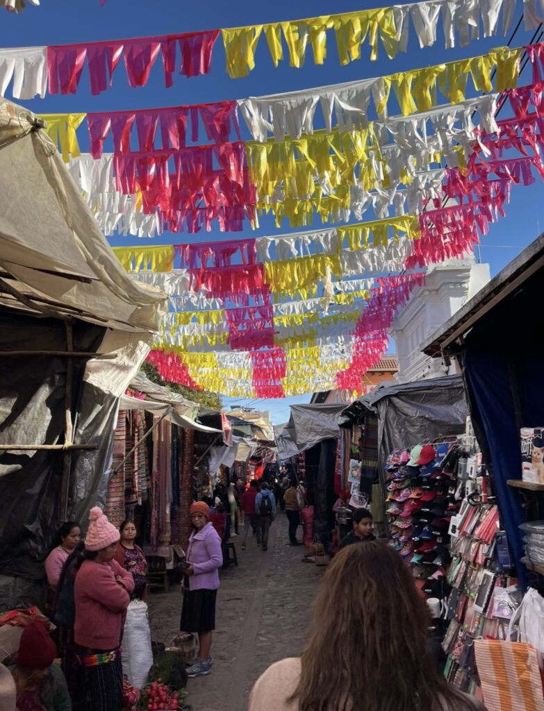 Decorations fly above the street market in Chichicastenango.