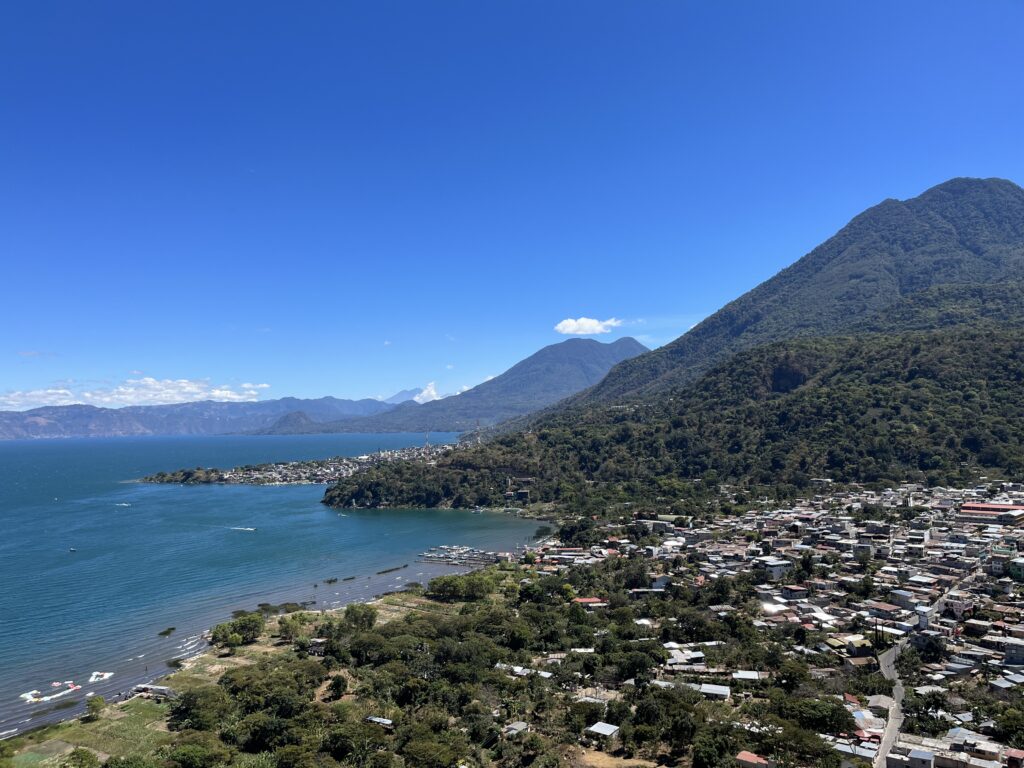 A lake and mountain view in Guatemala.